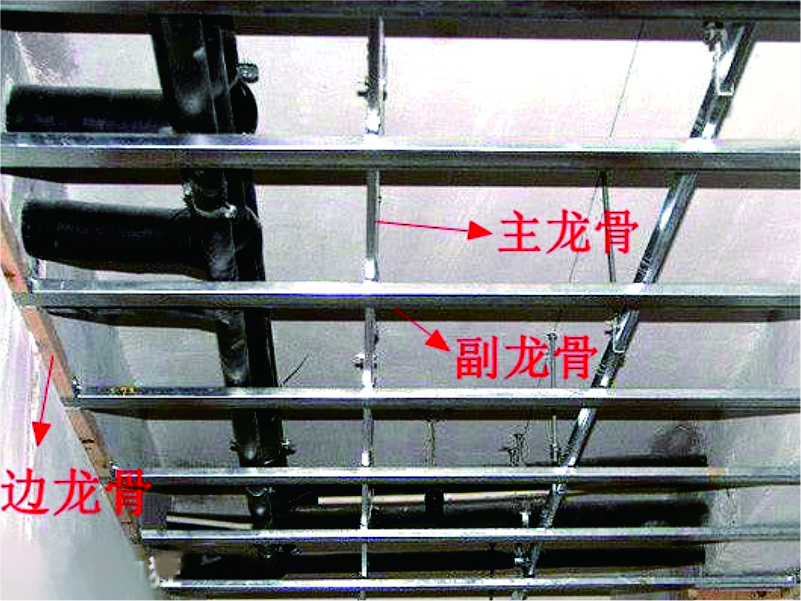 主龍骨和副龍骨為輕鋼龍骨，邊骨為木龍骨吊頂（家裝中常用）